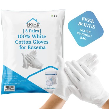 Home Solutions™ | 8 Pairs | 100% White Cotton Gloves for Eczema | Free Wash Bag | Moisturizing Gloves for Dry Hands, Cotton Gloves for Sleeping, Spa Gloves, Lotion Gloves Overnight for Women & Men