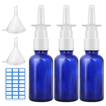 Cupohus Nasal Spray Bottle, 3 Pcs 30ML/1oz Cobalt Blue Glass Refillable Fine Mist Sprayers Atomizers, Travel Sized, Empty Nasal Sprayer with Funnels and Labels