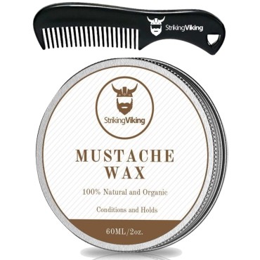 Striking Viking Mustache Wax and Comb Kit - Beard and Moustache Wax for Men with Strong Hold Natural Beeswax - Helps Tame, Style, and Groom (Sandalwood Scent, 2 Ounce Size)