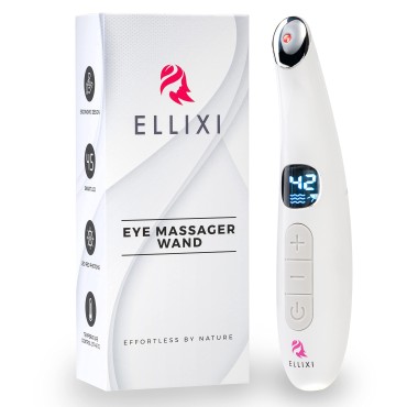 ELLIXI - 3 in 1 Eye Massager Wand - Vibrating Eye Massager Bag/Dark Circle/Puffiness/Wrinkle Remover - 98°F to 113°F - Increases Blood Flow & Eye Cream Absorption + Red Light for Cell Repair