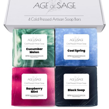 Age of Sage Natural Soap Set for Women - Handmade Moisturizing Artisan Soap Gift Set w/Essential Oil - 4pk Galactic Scent: Black Soap, Cool Spring, Cucumber Melon, & Raspberry Mint