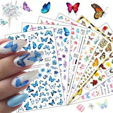 Butterfly Nail Art Stickers , 3D Self-Adhesive Nail Decals Colorful Butterflies Spring Flowers Nail Designs for Acrylic Nails Supplies Manicure Decorations 8 Sheets
