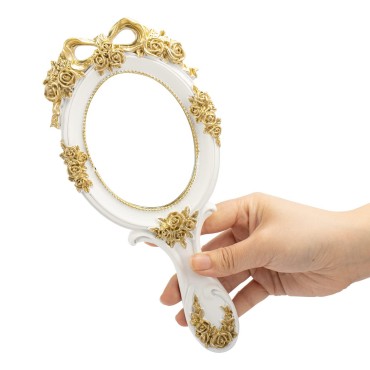 Rich Boxer Vintage Handheld Mirror Embossed Flower Hand Held Mirror Makeup Mirror Vanity Mirror Decorative Cute Hand Mirror (White)