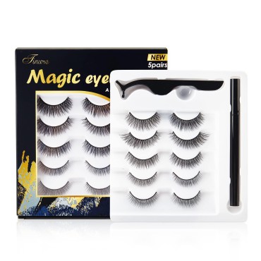 Tinure Updated Invisible magnetic false eyelashes 6D Magic Eyelashes with Eyeliner Kit (5 Pairs with 1 Eyeliner)