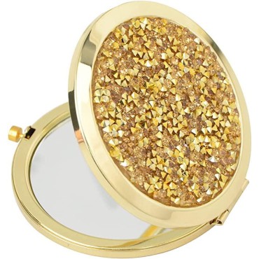 Mpowtech Magnifying Compact Mirror for Purses, 2 x 1x Magnification,Double Sided Compact Cosmetic Handheld Mirror Travel Makeup Mirrors,Perfect for Purse, Pocket and Travel (Gold&Mix Diamond)