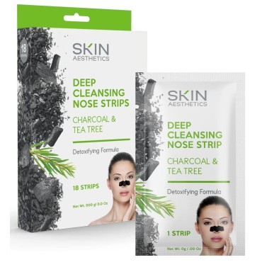 Skin Aesthetics Charcoal & Tea Tree Nose Strips - Cleanses & Unclogs Pores, Removes Excess Oil & Dirt, Black Head Remover Pore Strips - Cruelty Free Korean Skin Care For All Skin Types - 18 Strips