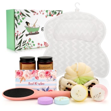 Relaxing Gifts for Women - Spa Baskets with Bath Pillow - Birthday Gift for Wife,Lover,Mom,Grandma,Sister,Friend,Coworker - Luxury 9 Pcs Home Bath Kit with Bathtub Pillow, Bath Bombs,Candle,Foot Files