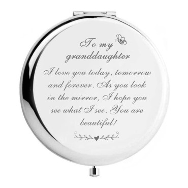 WHING to My Granddaughter Cute Engraved Personalized Travel Compact Pocket Makeup Mirror, Granddaughter Birthday Graduation from Grandma and Grandpa