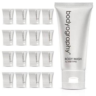 Bodyography blanc- Bulk Body Wash | 50 Count, 1.4oz | Vanilla White Tea, Mini Travel Size Toiletries (100% Recyclable Tube with Flip Top Cap) Hotel Amenities, Suitable for All Skin Types