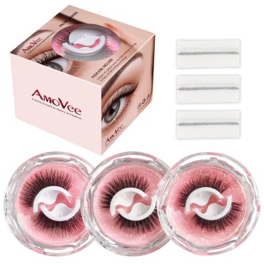 AmoVee Self Adhesive Eyelashes, Eyelashes Fluffy Natural Look No Glue Needed, Reusable False Lashes Easy put on (Pack of 3 Pairs)