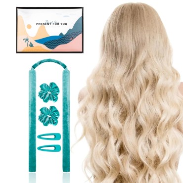 VICARKO Heatless Hair Curlers, Hair Rollers to Sleep in, Curling Rod Headband, Overnight No Heat Curls & Waves, for Long & Medium Hair, with Hair Clips & Scrunchies, Cyan Blue