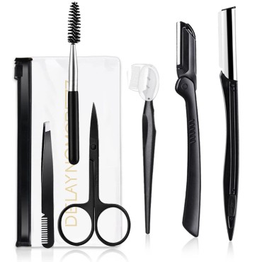 Eyebrow Razor Kit, 6 in 1 Professional Eyebrow Grooming Set for Women and Men, Including 3 Eyebrow Razors Trimmer,1 Tweezer,1 Scissor,1 Eyelashes Roller,1 Storage Bag