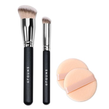 GFOUNS 4 pack foundation brush & concealer brush & Powder puff:face makeup brushes kit for Liquid, Cream,Blending,buffing and Setting Powder,angled kabuki brush & contour brushes for makeup