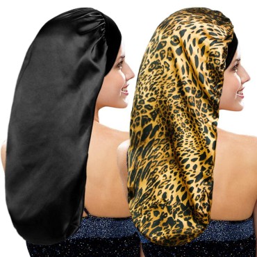 2 Pieces Long Silky Satin Sleep Bonnet for Curly H...