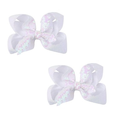 AMYDECOR 6 Inch White Sparkly Glitter Sequin Hair Bows for Girls Toddlers Kids Children Teenage (2PCS)