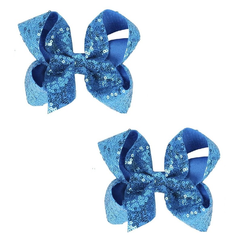 AMYDECOR 6 Inch Blue Sparkly Glitter Sequin Hair Bows for Girls Toddlers Kids Children Teenage (2PCS)