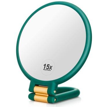 Martvex Handheld Mirror, 1x 15x Magnifying Makeup Mirror with Handle Double Side Hand Held Mirror with 1x15x Magnification & Foldable Handle, Portable Travel Makeup Hand Mirror for Women (Army Green)