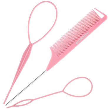 HOTVIGOUR Topsyhair Tail Tools, 3pack hair braiding tools. 1pcs Tail Braiding Combo, 2pcs French Braid Tool Loop for Hair Styling (pink)