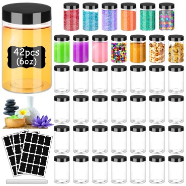Plastic Jars with Lids 6OZ 42PCS,Small Cosmetic Slime Containers Clear Travel Round Jars Empty Refillable Sample Containers Leak Proof Pot Jars with Black Lids for Lotion, Cream, Cosmetics, Body Scrub