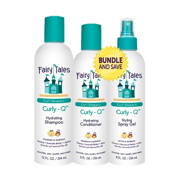 Fairy Tales Curly Q Daily Kids Shampoo, Conditioner, Spray for Curly Hair - Hydrating Kids Bundle for all Types of Curls Including Multi Cultural Hair - Paraben Free, Sulfate Free, Gluten Free, Nut Free - 12 oz and 8 oz (Pack of 3)