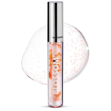 Blossom Moisturizing and Hydrating Shimmer Sparkle Lip Oil with Olive Oil + Grape Seed Oil, Infused with Real Flowers, 3g, Watermelon