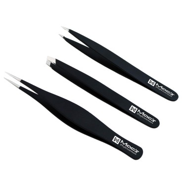 Macs Professional Tweezers Set;- for Eyebrow Plucking, Ingrown Hair -Best for Eyebrow Hair, Facial Hair Removal,Splinter - Stainless Steel Precision Sharp- Pointy Ends Meet Perfectly - 7343BK (Black)