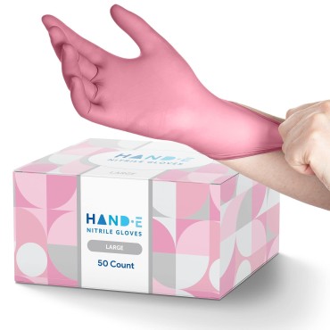 Hand-E Touch Pink Nitrile Disposable Gloves Large,...