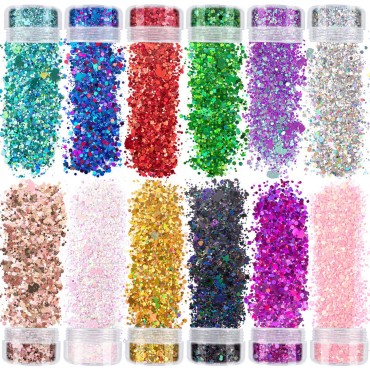 12 Jars of Multi-Shaped Cosmetic Chunky Glitter Shimmer Body Face Hair Eye Party Beauty Makeup Temporary Tattoos 12 Colors (96g/3.38oz) No Quick Dry Glitter Glue Attached