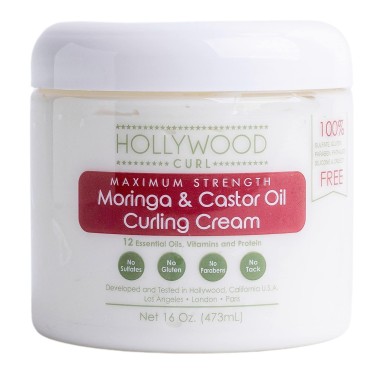 Hollywood Curl Moringa And Castor Oil Infused Curling Cream - For Women And Men - Wavy, Frizzy Hair Control - Natural Products w/Vitamins & Protein - Provides Soft, Silky, & Defined Curls - 16 fl. oz.