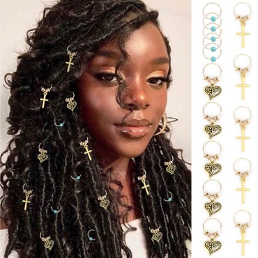 Formery Turquoise Loc Hair jewelry Gold Cross Hair Rings Jewelry Heart Charms Dreadlock Accessories Clips for Women and Girls (15pcs) (Cross)
