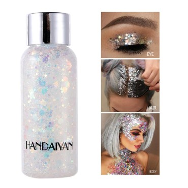 Mermaid Sequins Body Glitter Gel, Make Up Long Lasting Glitter for Body Face Hair Eyeshadow, Music Festival Party Carnival Long Lasting Face Glitter, No Glue Needed and Easy to Remove. (White)