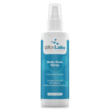 QRxLabs NEW! Body Acne Spray with 2% Salicylic Acid, Tea Tree Oil and Centella Asiatica Extract - Controls breakouts on back, arms, chest - Gentle Non-Drying Treatment - 4 fl oz