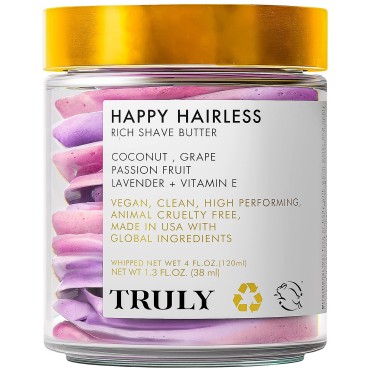 Truly Beauty Happy Hairless Shave Butter - Natural Shaving Cream for Women, Coconut Oil and More for Smooth, Nourished Skin - 1.3 Fl Oz