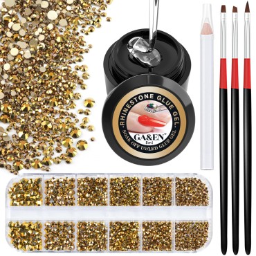 1PC 8ml Wipe-Off Nail Art Rhinestone Glue Gel Adhesive + 1 Box 2-5mm Flat Back Round Glass Gold Rhinestones + 3PCS Glue Brush + 1PC Pickup Pencil