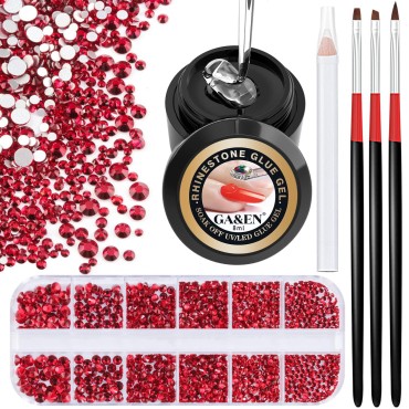 1PC 8ml Wipe-Off Nail Art Rhinestone Glue Gel Adhesive + 1 Box 2-5mm Flat Back Round Glass Red Rhinestones + 3PCS Glue Brush + 1PC Pickup Pencil