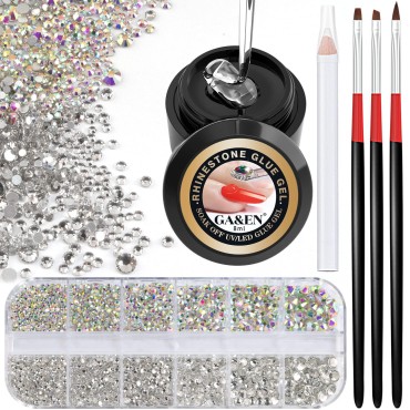 1PC 8ml Wipe-Off Nail Art Rhinestone Glue Gel Adhesive + 1 Box 2-5mm Flat Back Round Glass Transparent White and Round Crystal AB Rhinestones + 3PCS Glue Brush + 1PC Pickup Pencil