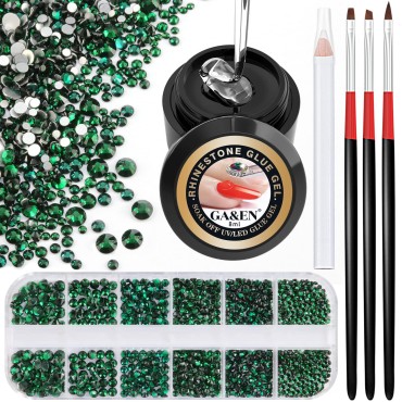 1PC 8ml Wipe-Off Nail Art Rhinestone Glue Gel Adhesive + 1 Box 2-5mm Flat Back Round Glass Green Rhinestones + 3PCS Glue Brush + 1PC Pickup Pencil