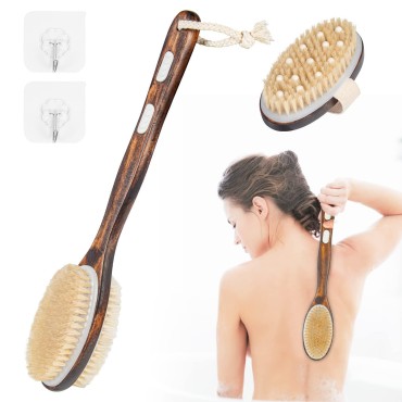 Dry Body Brush,Gentle Exfoliation,Remove Cellulite, Slong Brush Can go Straight to The Back,Making The Whole Body Skin Softer,Improve Blood Circulation, Set of 2, with 2 Wall Hook