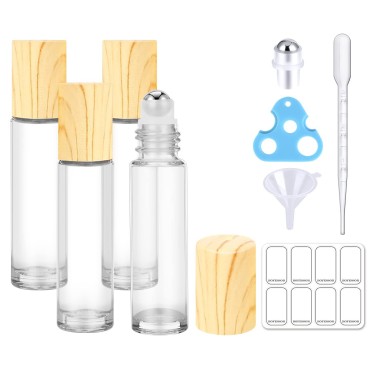 bofessor Essential Oil Roller Bottles, 10ml Clear Glass Roller Bottles with Plastic Bamboo Lids, Opener, Pipettes, Plastic Funnel, 8 Stickers, 4 Pack Refillable Container for Perfume