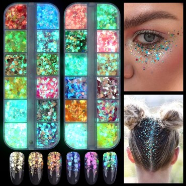 24 Colors Glow in The Dark Glitter, PAGOW High Luminous Iridescent Chunky Glitter Gel, Resin Non Self-Adhesive UV Black Light Glitter for Eyeshadow, Face, Body, Halloween Makeup