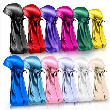 BIGEDDIE 12Pcs Durag Pack, Durags for Men Silky, Silk Durag for Men Women Waves, Satin Du rag with Long Tail and Wide Straps 12 Colors