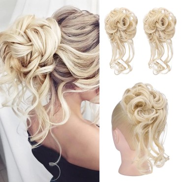 HOOJIH Messy Bun Hair Piece, 2PCS Tousled Updo with Tendrils Hair Bun Extensions Wavy Curly Hair Wrap Ponytail Hairpieces Thick Hair Scrunchies for Women HB010 Dasiy - Cool Light Blonde
