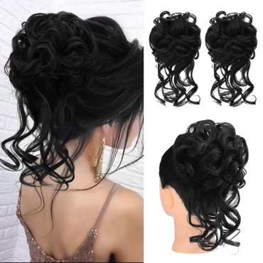 HOOJIH 2PCS Messy Bun Hair Piece, Tousled Updo with Tendrils Hair Bun Extensions Wavy Curly Hair Wrap Ponytail Hairpieces Hair Scrunchies for Women HB010 Dasiy - Black