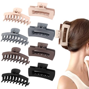 Beauty.H.C 4.3 Inch Hair Claw Clips for Women Girls Thick Thin Curly Long Hair, Large Medium Matte Neutral Brown Black Square Jaw Clips(Nonslip, 8PCS)