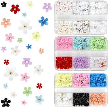 3D Flower Nail Charms, 3 Boxes 3D Acrylic Flower Nail Art Rhinestones with Gold Silver Pearl Beads Tweezers Included Spring Blossom Petal for DIY Nail Decorations
