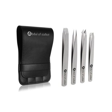 Abdul of Sialkot Eyebrow Tweezer Set for Women & Men Professional Slant and Pointed Tweezers Set with Case Precision Tweezers Kit for Facial Hair, Splinter and Ingrown Hair Removal(Sliver4 piece)