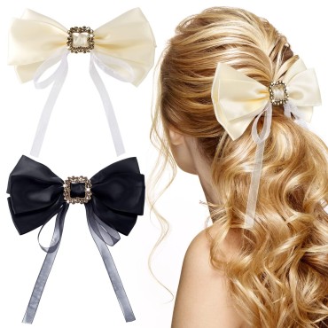 PAGOW 2pcs Large Bow Hair Clip Rhinestone Barrette Bowknot Clip Long Ribbon Vintage Hair Accessories for Women Girls(OFF White & Black)