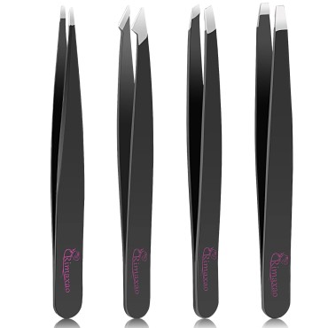 Tweezers Set-4 Pieces Slanted and Pointed Stainless Steel Tweezers (Black)