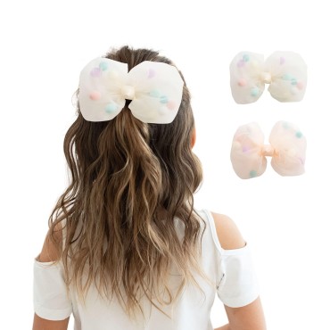 Summer Crystal 2Pcs Tulle Pompons Large Bow Hair Clips - For Girls and Women - Stylish Hair Accessory for Birthdays, Daily Wear, Holidays, and Parties (2Pcs BW Pompons)