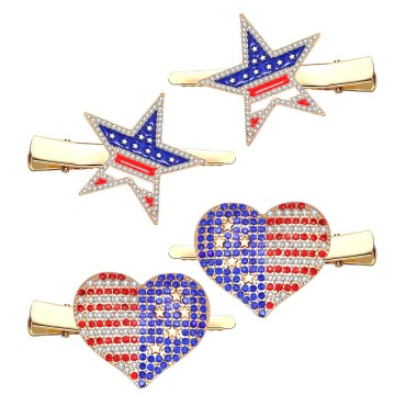 American Flag Hair Clips 4th of July Heart Star Hairpins for Women Rhinestone Red White Blue Patriotic Hair Barrettes for Hair Accessories Gifts (B)